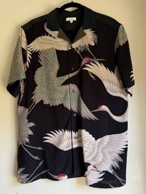 Reiss Black Crane-Print Short-Sleeve Camp Shirt